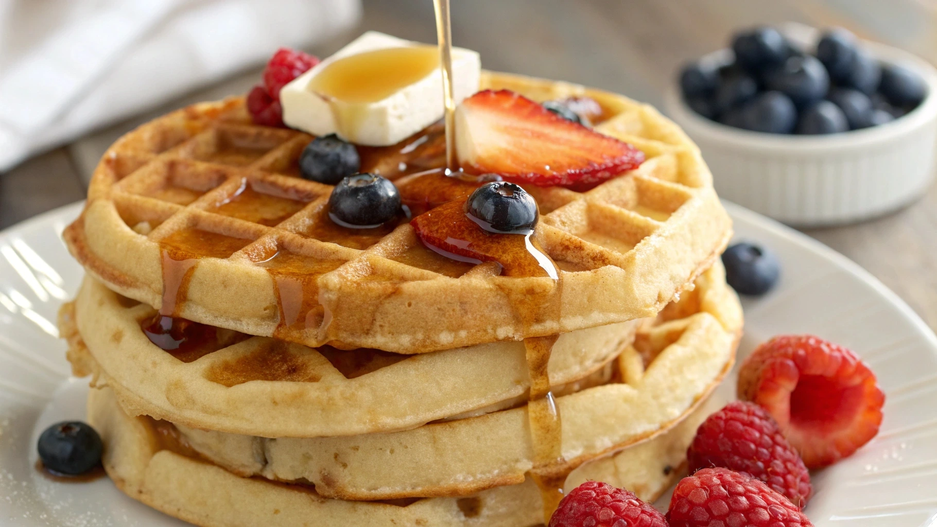 Golden Kodiak waffles stacked with maple syrup and fresh berries