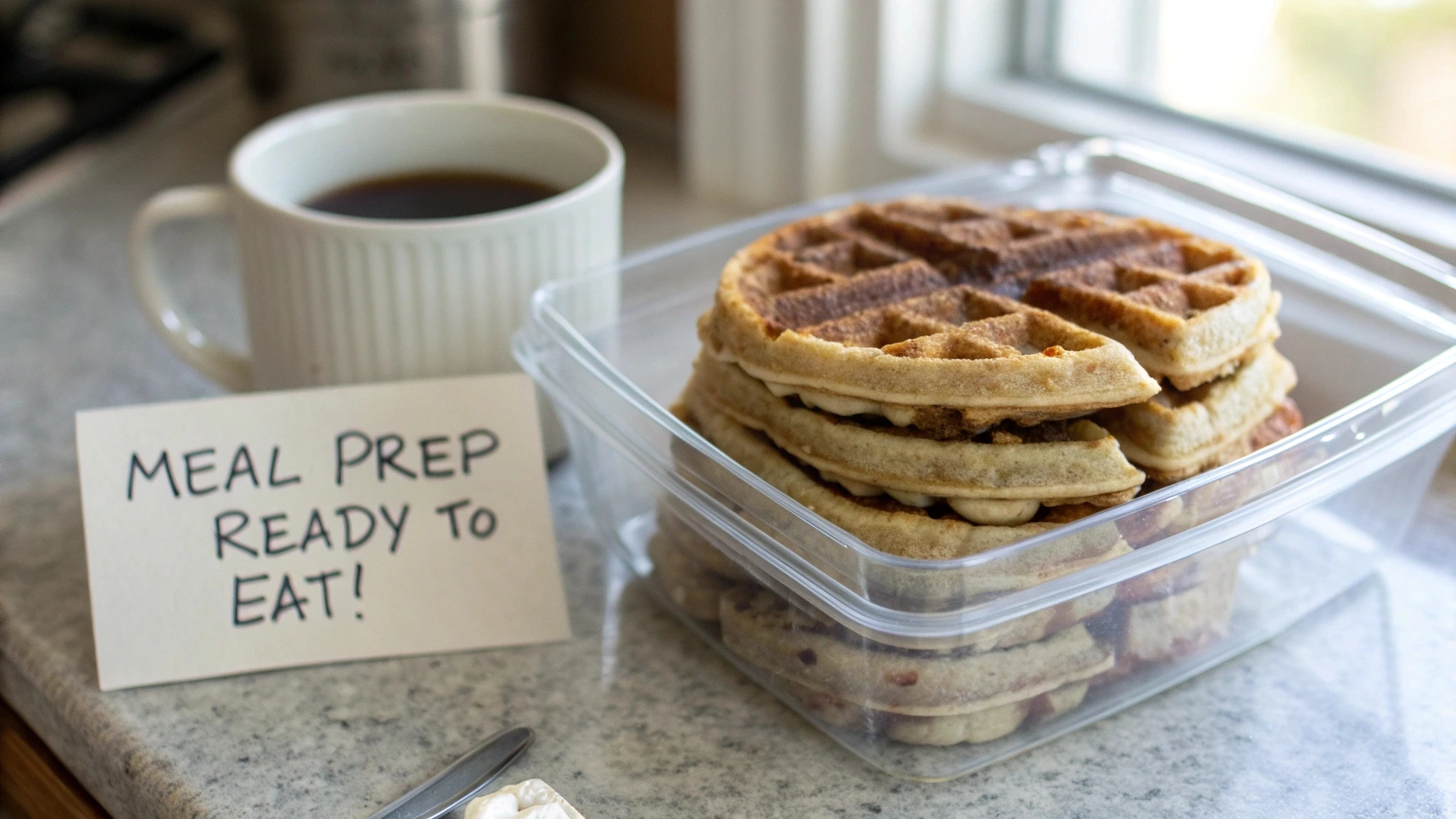 Meal-prepped Kodiak waffles stacked in a storage container