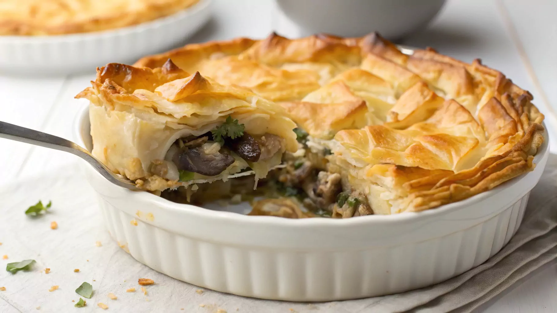 Golden ruffled mushroom pot pie in a ceramic baking dish with crispy phyllo layers and a creamy mushroom filling inside.