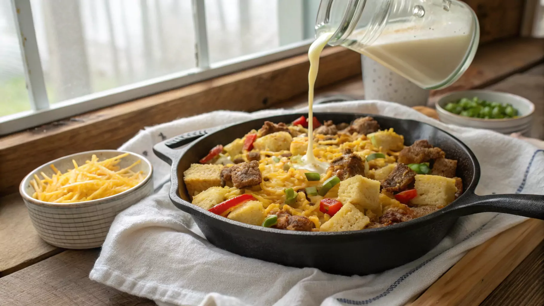 A baking dish filled with cubed cornbread, sausage, shredded cheese, and green onions, as a glass cup pours an egg mixture over the layers.