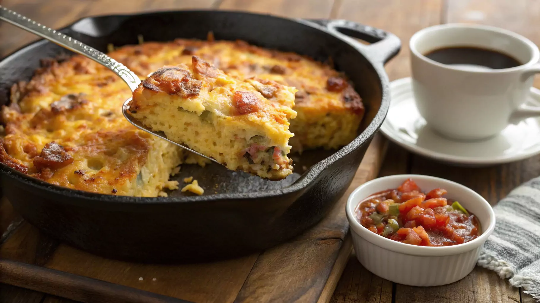 A fully baked cornbread breakfast casserole with a golden, cheesy top, fresh from the oven, with a slice lifted to reveal fluffy layers inside.