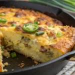 Golden cornbread breakfast casserole in a baking dish, with melted cheese on top and a slice cut out to reveal layers of eggs, sausage, and cornbread.