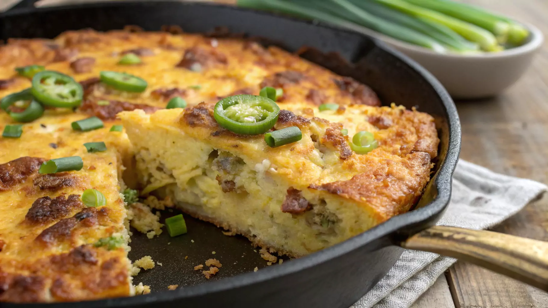 Golden cornbread breakfast casserole in a baking dish, with melted cheese on top and a slice cut out to reveal layers of eggs, sausage, and cornbread.