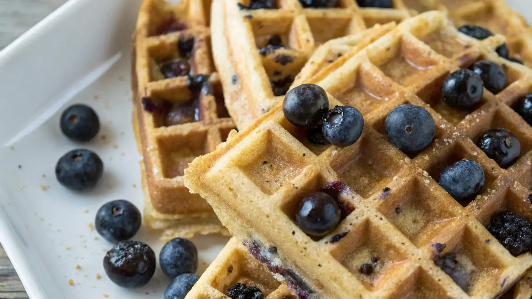 Crispy golden waffles with blueberries baked into the batter, topped with powdered sugar and maple syrup.