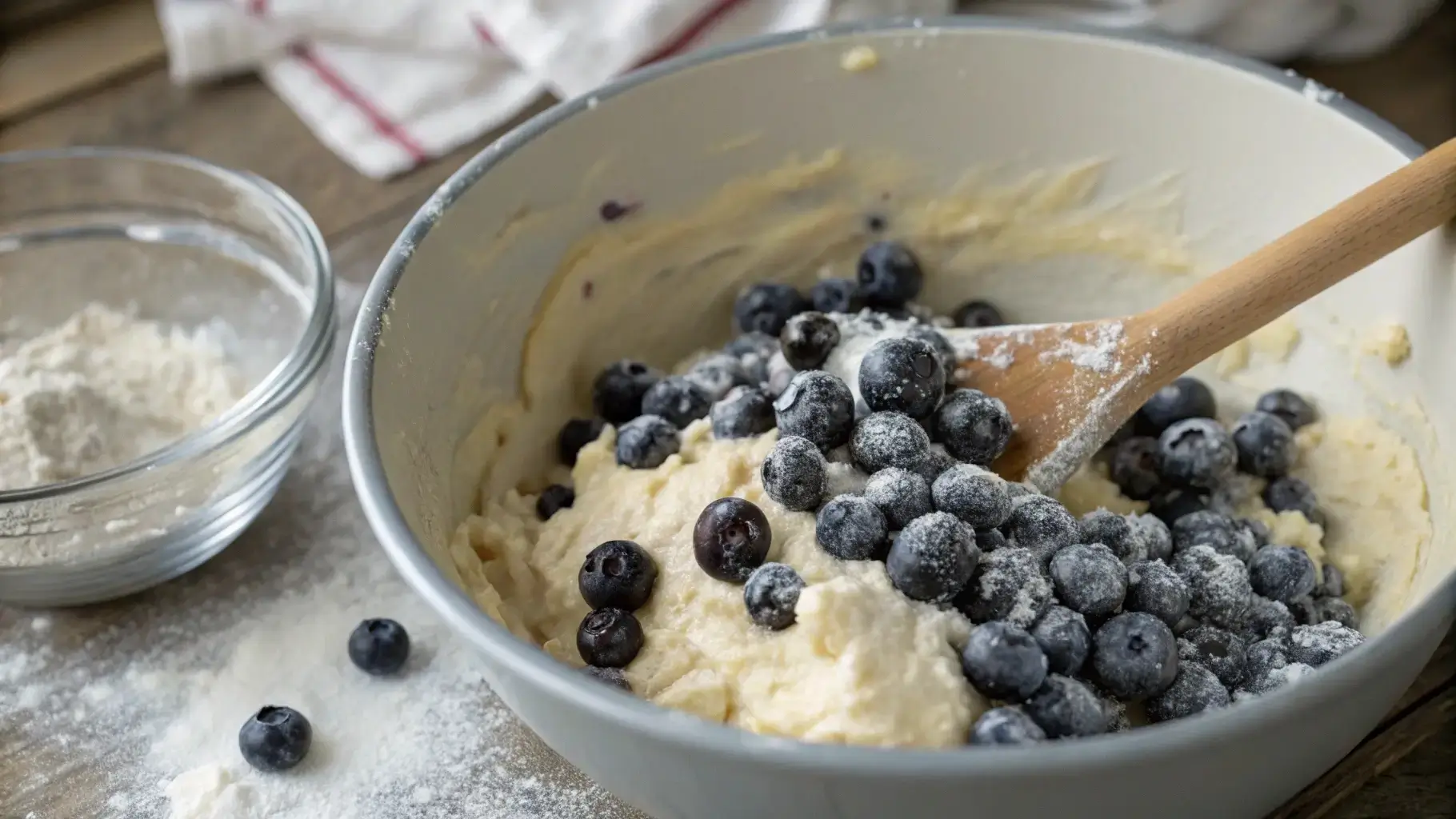 Blueberries mixed into waffle batter for baking.