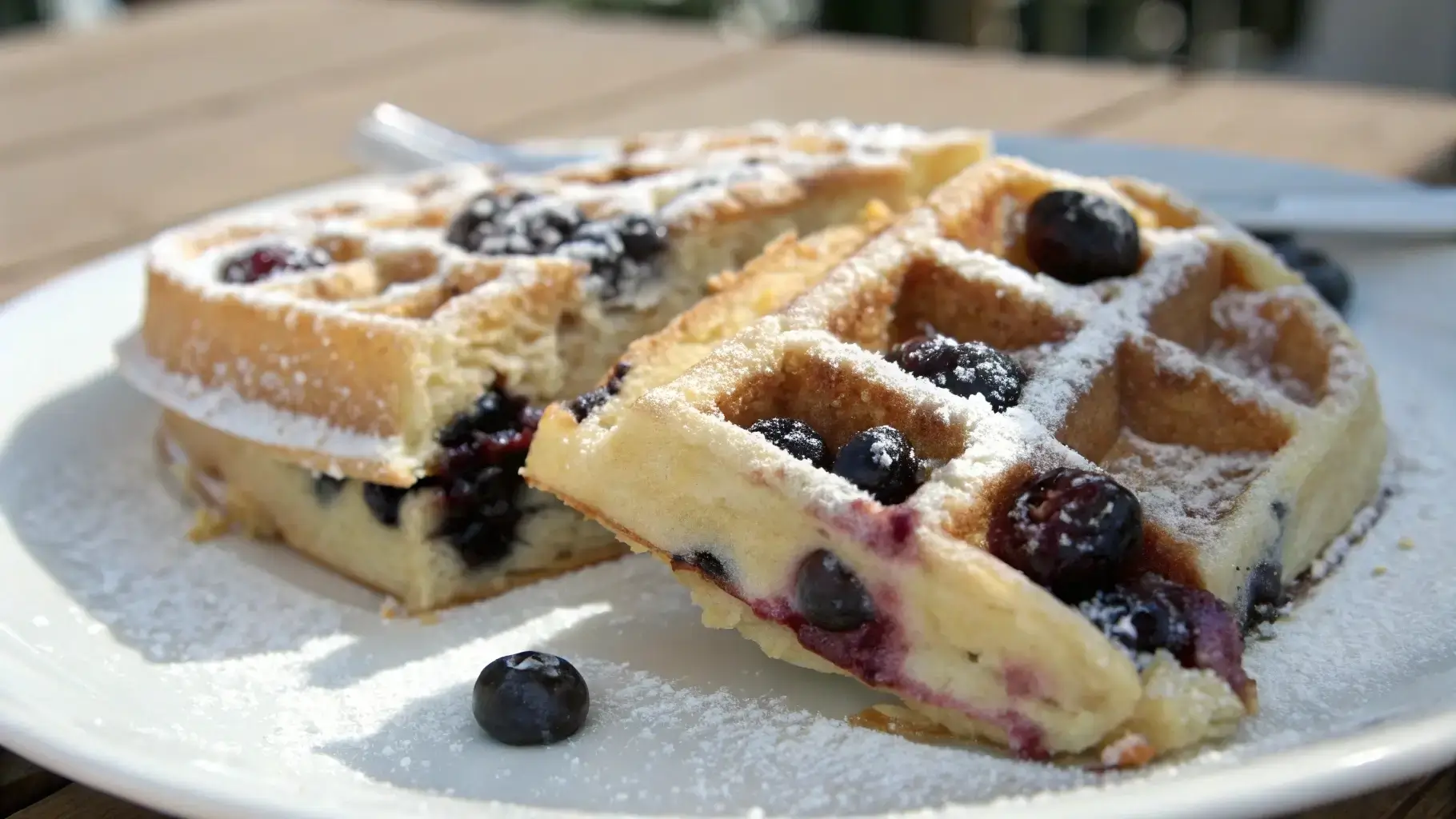 Sliced blueberry waffle revealing baked-in blueberries in the fluffy center.