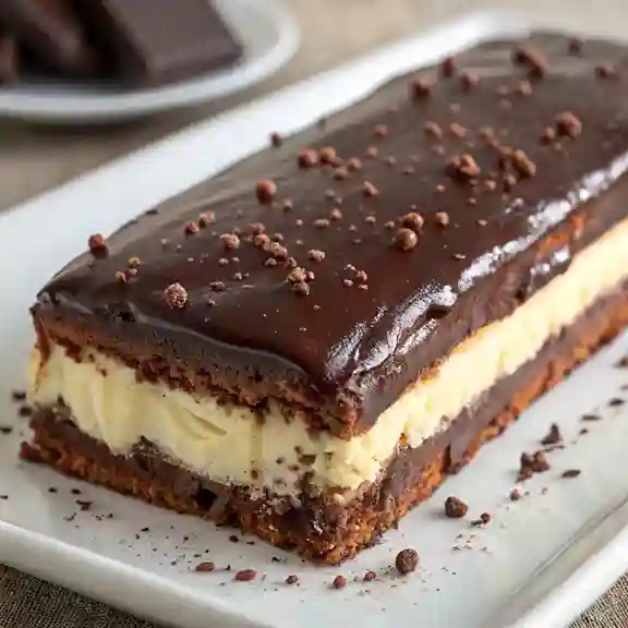 Chocolate eclair cake with homemade icing in glass dish