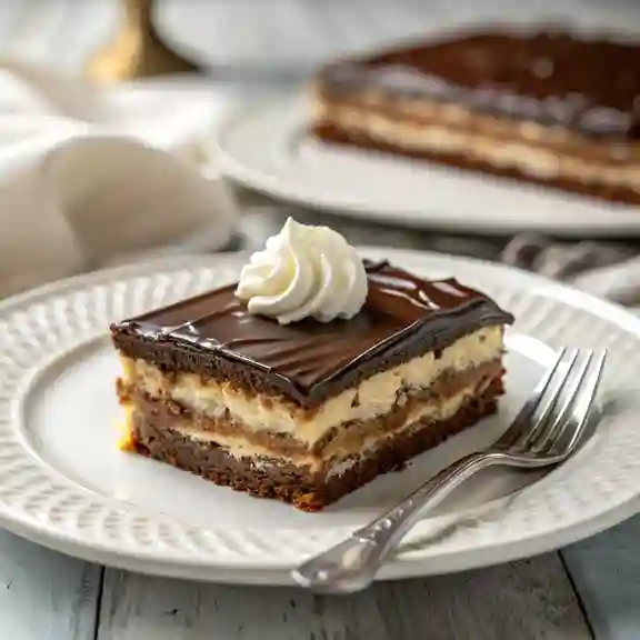 Sliced eclair cake on dessert plate