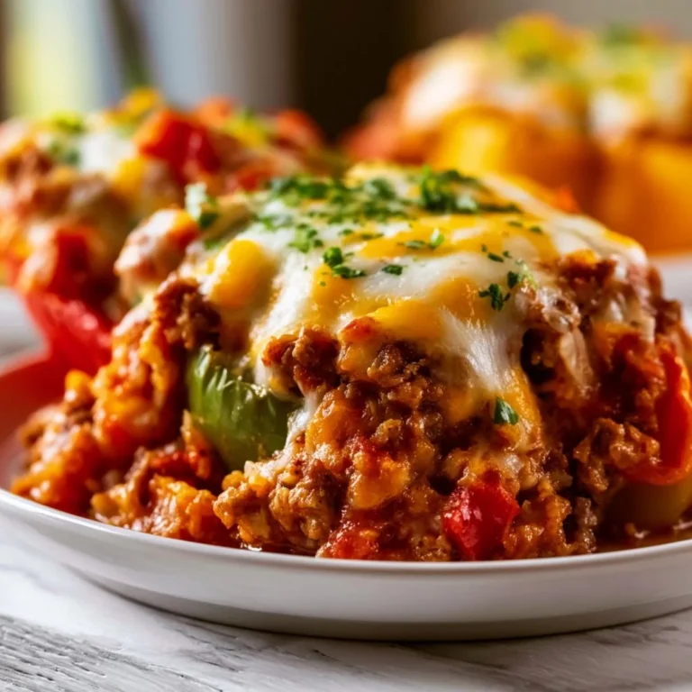 Delicious casserole recipe featuring colorful stuffed peppers baked to perfection