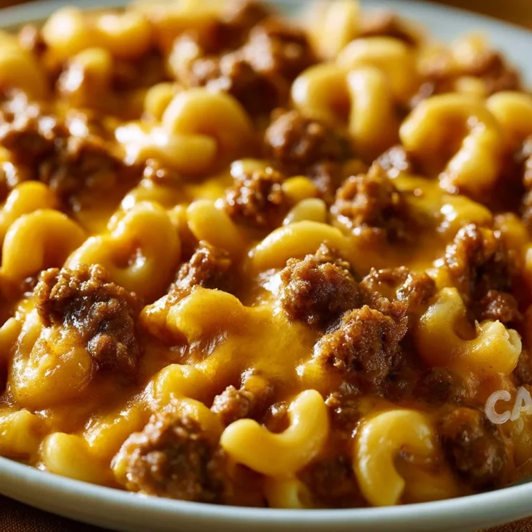 Cheeseburger casserole in a baking dish with melted cheese on top.