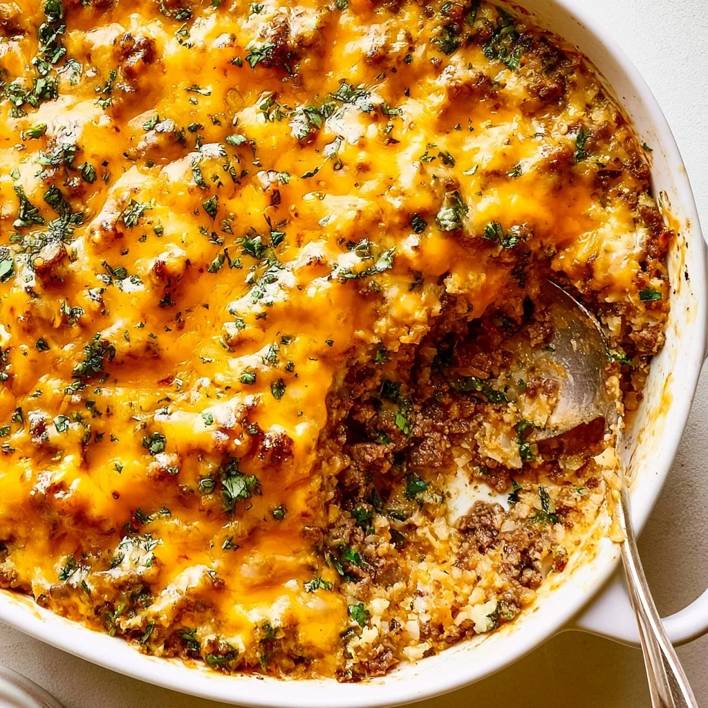 Cheesy ground beef casserole served in a dish