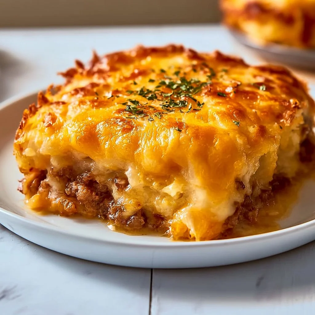 Delicious Cheesy Hamburger Hashbrown Casserole served in a baking dish