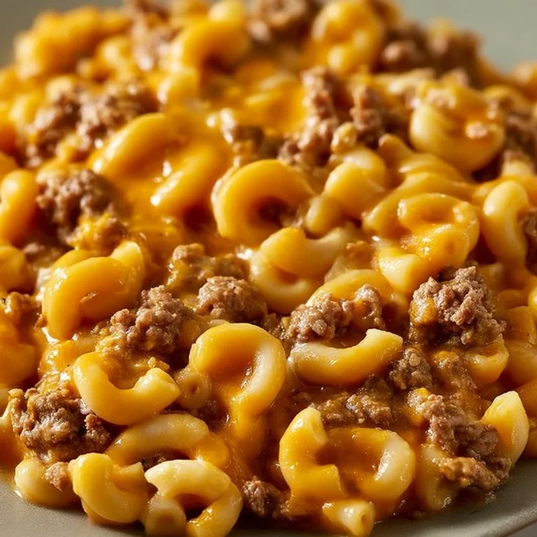 Delicious plate of Cheesy Hamburger Helper garnished with herbs