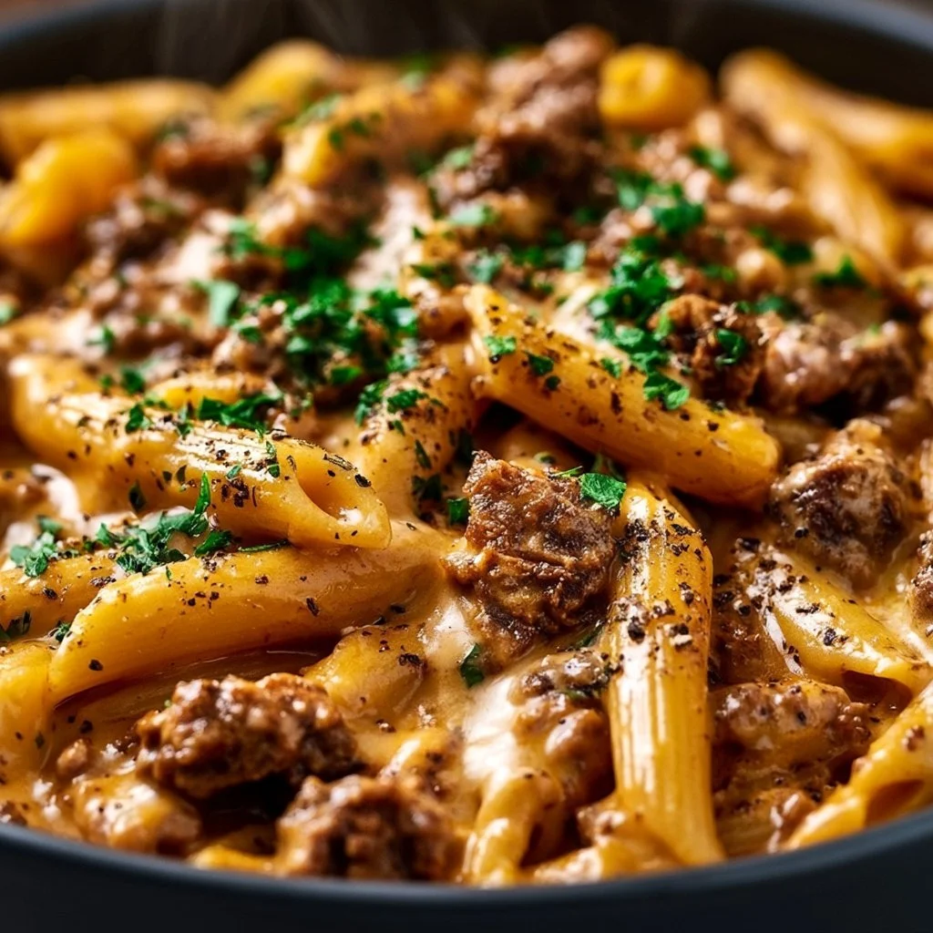 Creamy beef pasta dish served with herbs and cheese on top