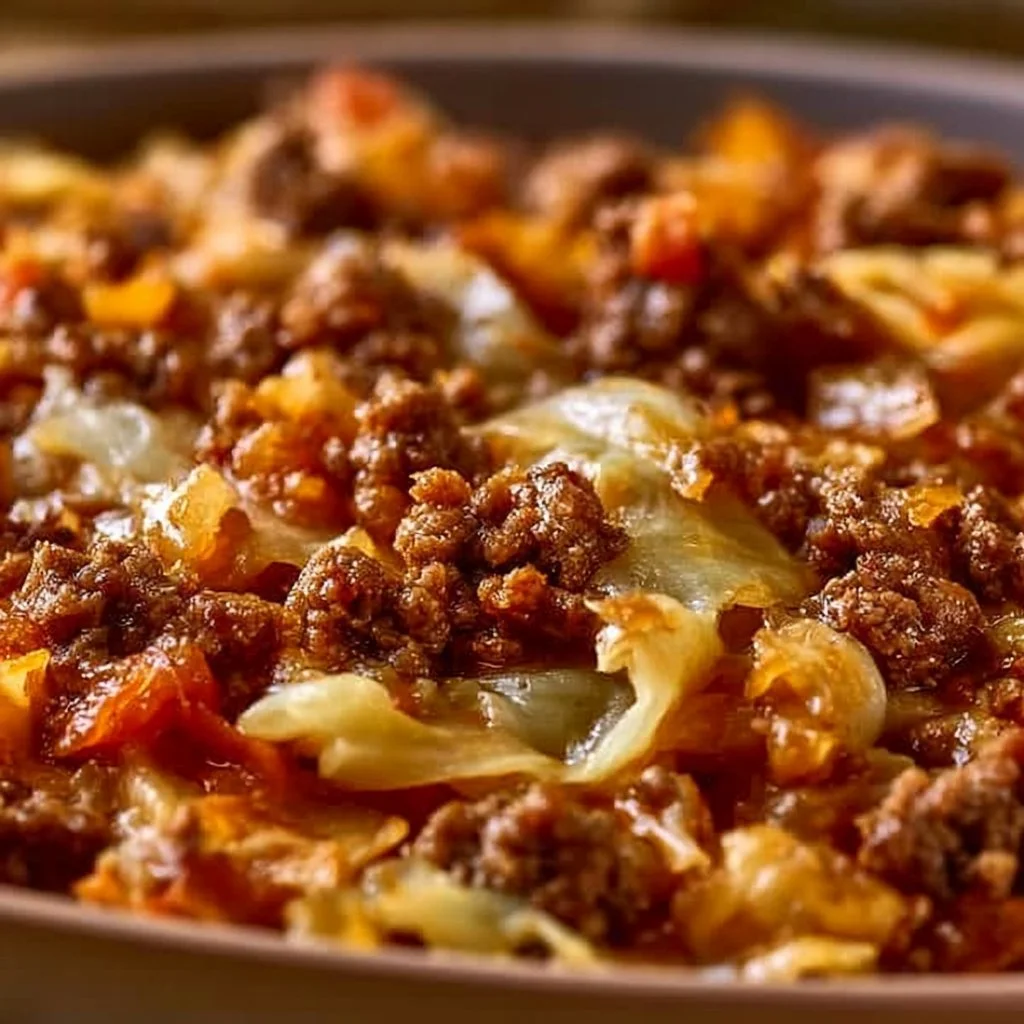 Ground beef and cabbage dish served in a bowl for a hearty meal.