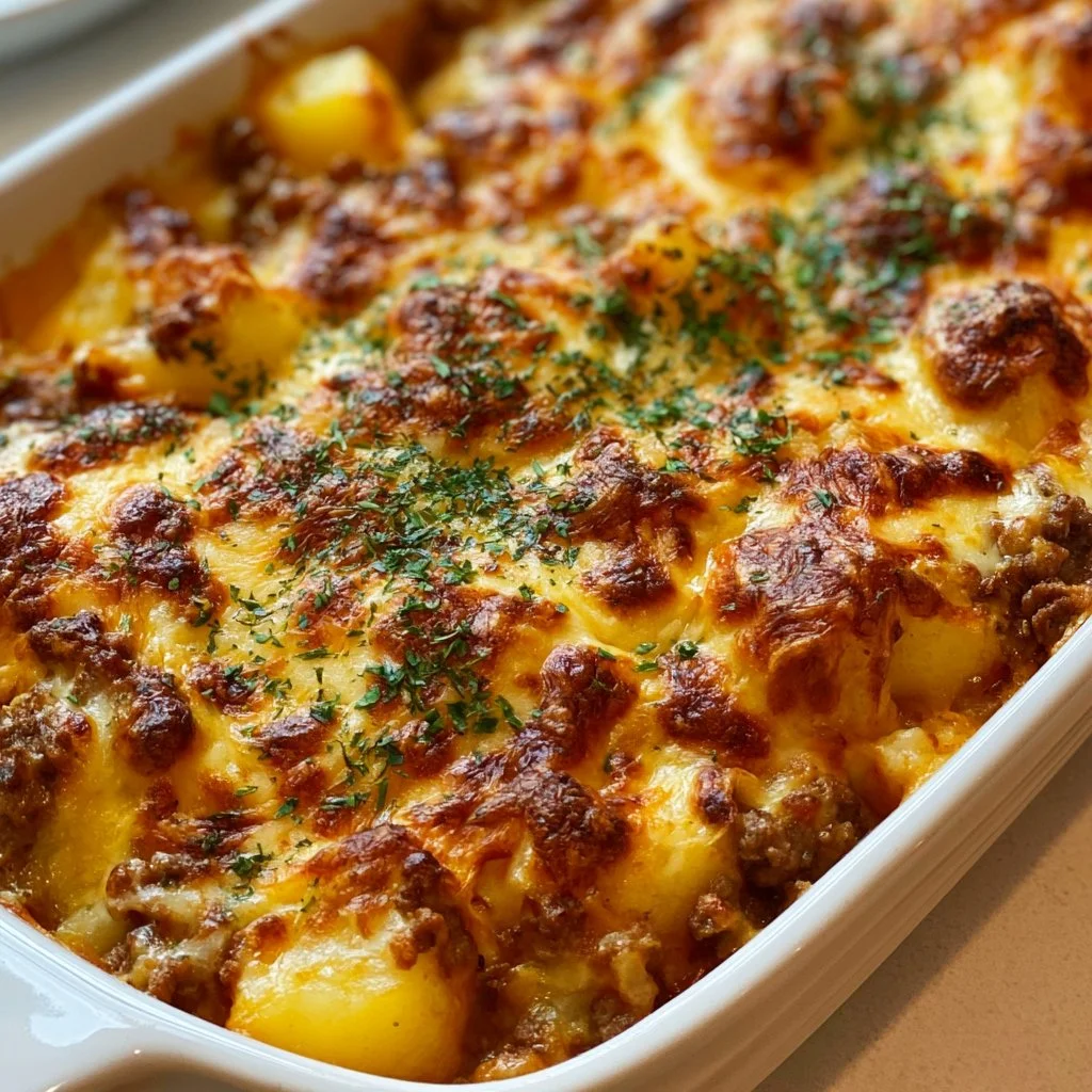 Delicious Hamburger Potato Casserole dish served on a wooden table
