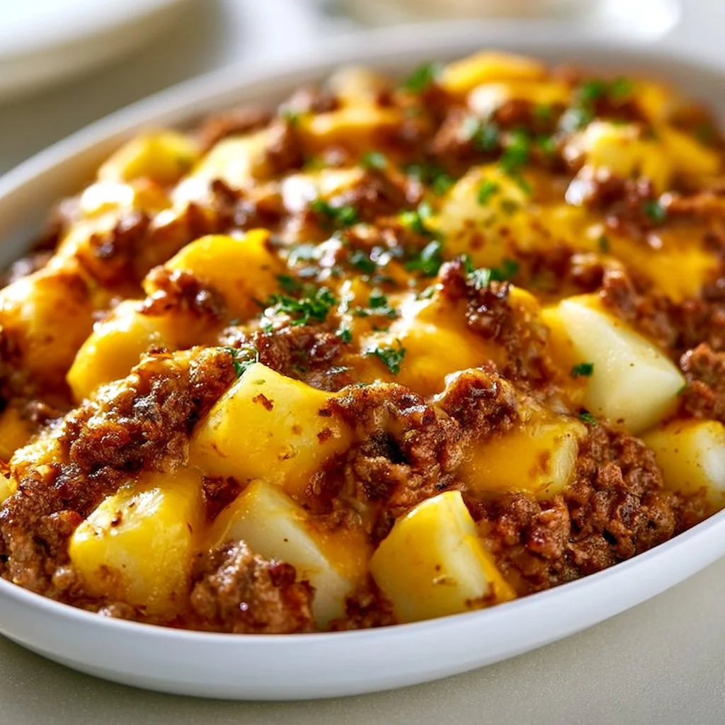Delicious Hobo Casserole served in a baking dish, featuring meats and vegetables.
