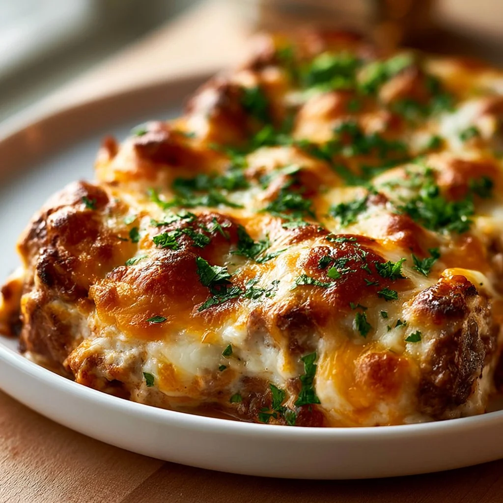 Delicious Philly cheesesteak casserole topped with melted cheese and peppers