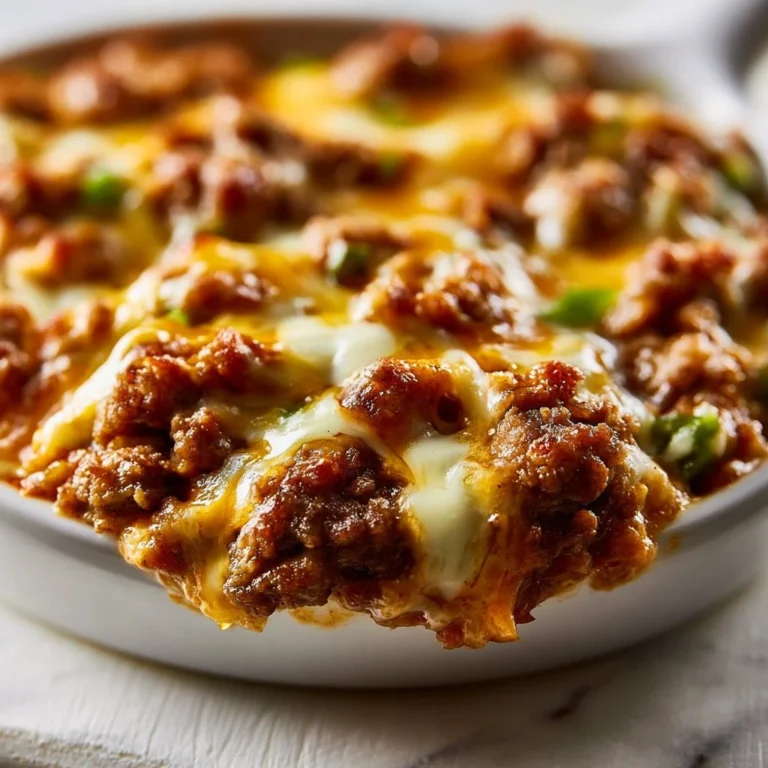 Philly Cheesesteak Casserole topped with melted cheese and peppers