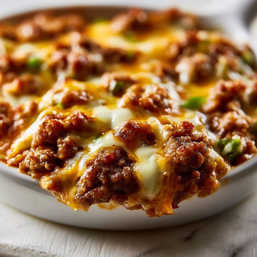 Philly Cheesesteak Casserole topped with melted cheese and peppers