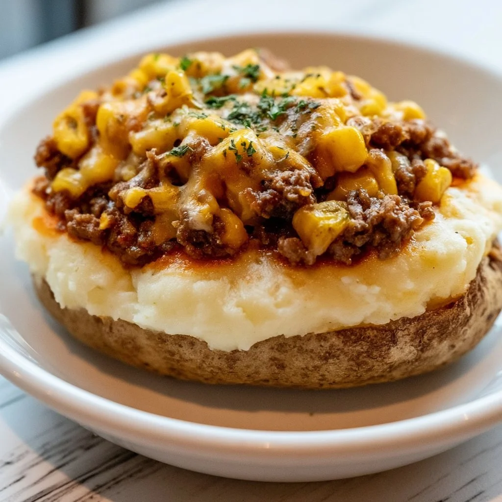 Delicious baked potato topped with hearty Shepherds Pie filling