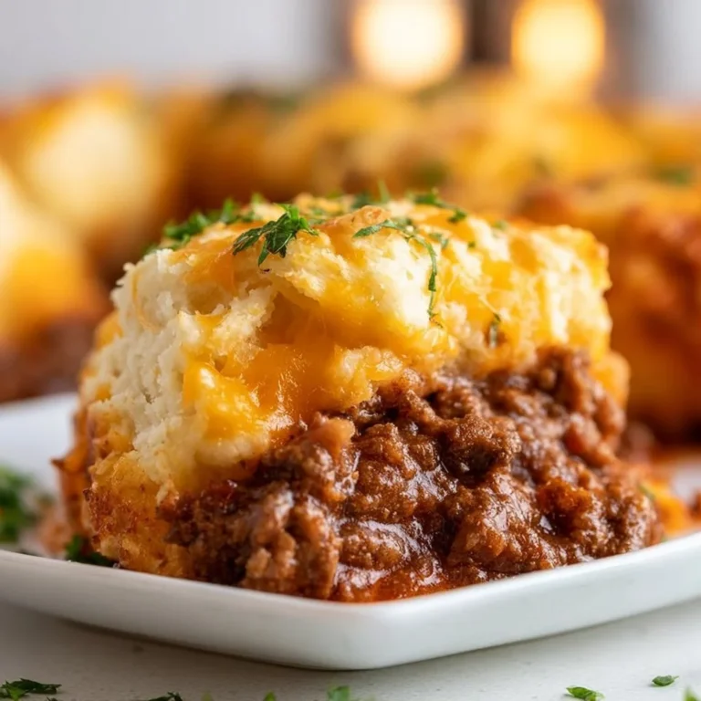 Sloppy Joe Casserole with Cheddar Bay Biscuits served in a dish