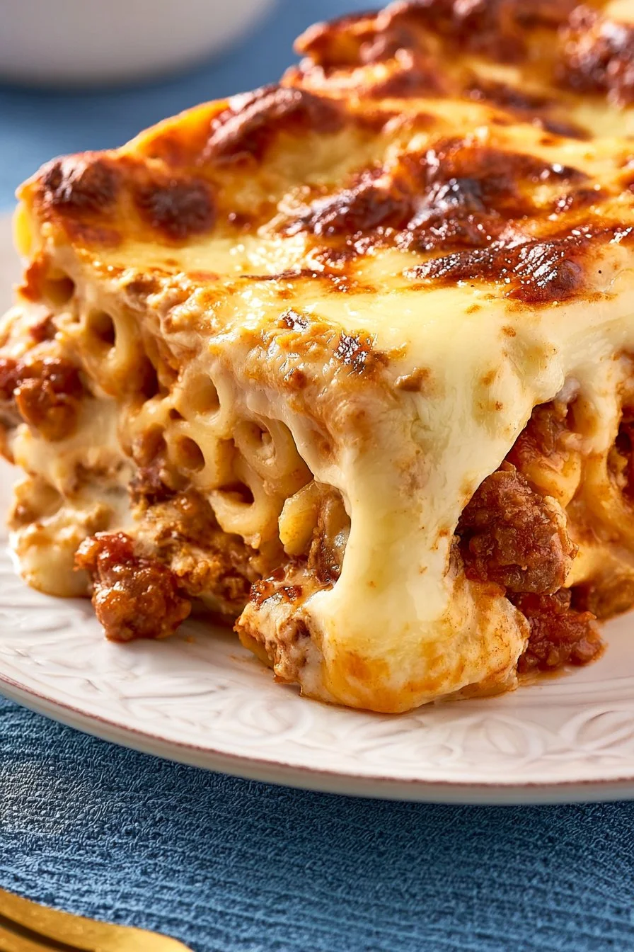 Baked Penne with Bechamel and Meat Sauce in a casserole dish