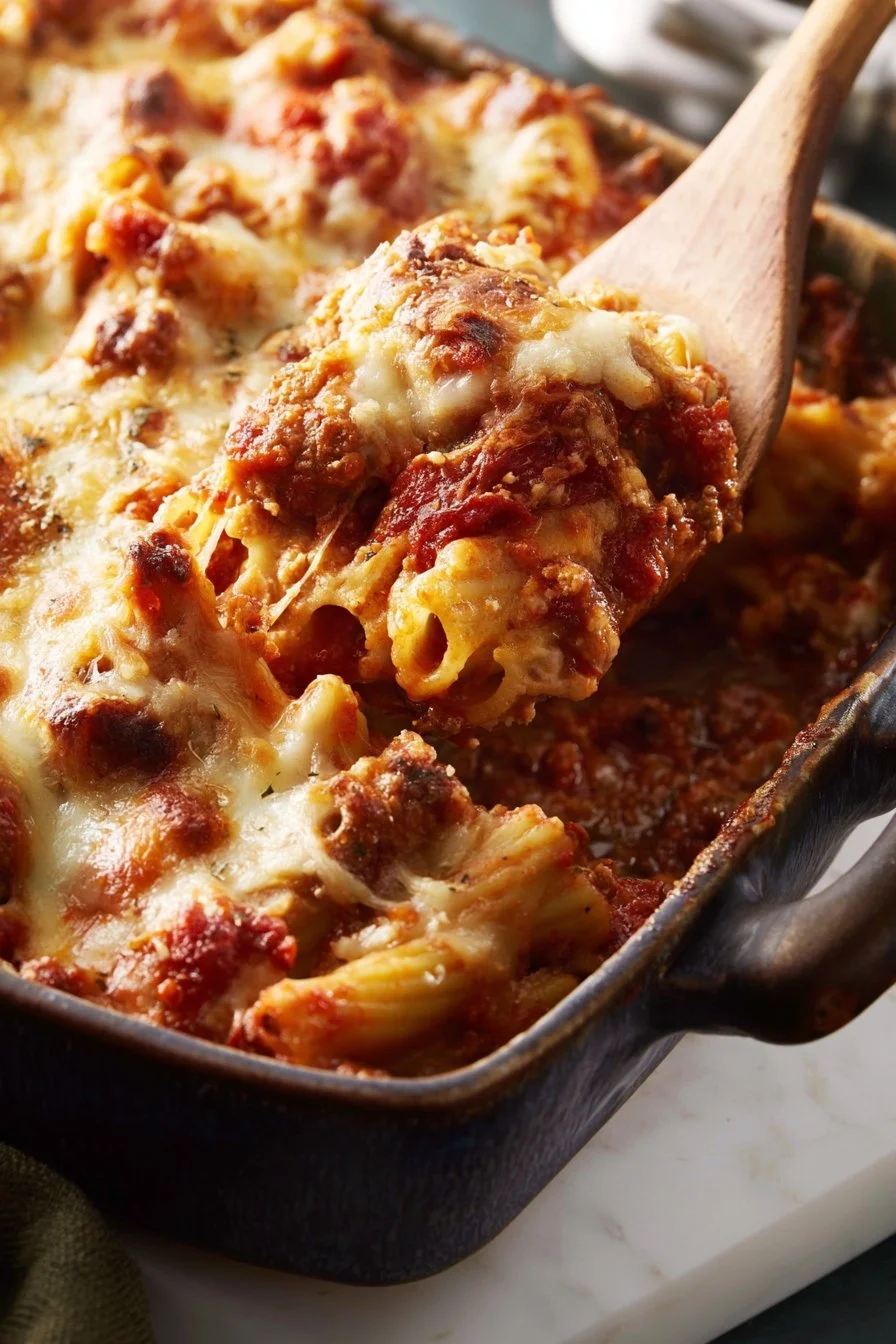 Delicious baked ziti with melted cheese and pasta in a baking dish