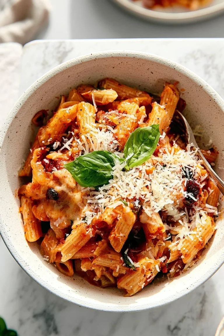 Delicious baked ziti with five ingredients served in a bowl