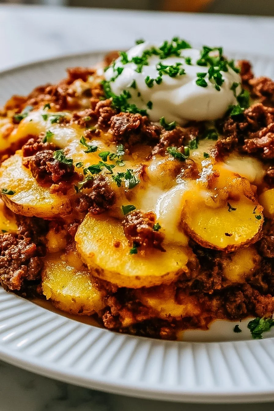 Delicious Beef and Potato Bake served in a casserole dish.