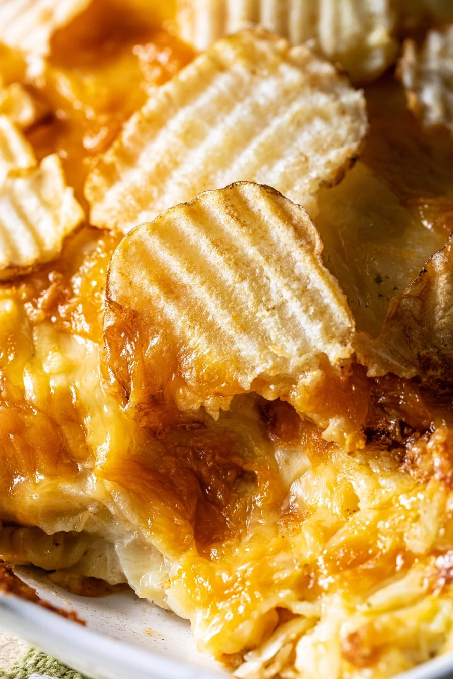 Delicious beef casserole topped with melted cheese, served in a rustic dish.
