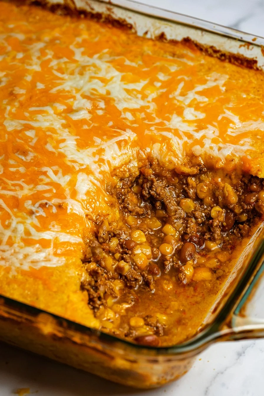 Delicious Beef Cornbread Casserole topped with golden cornbread crust