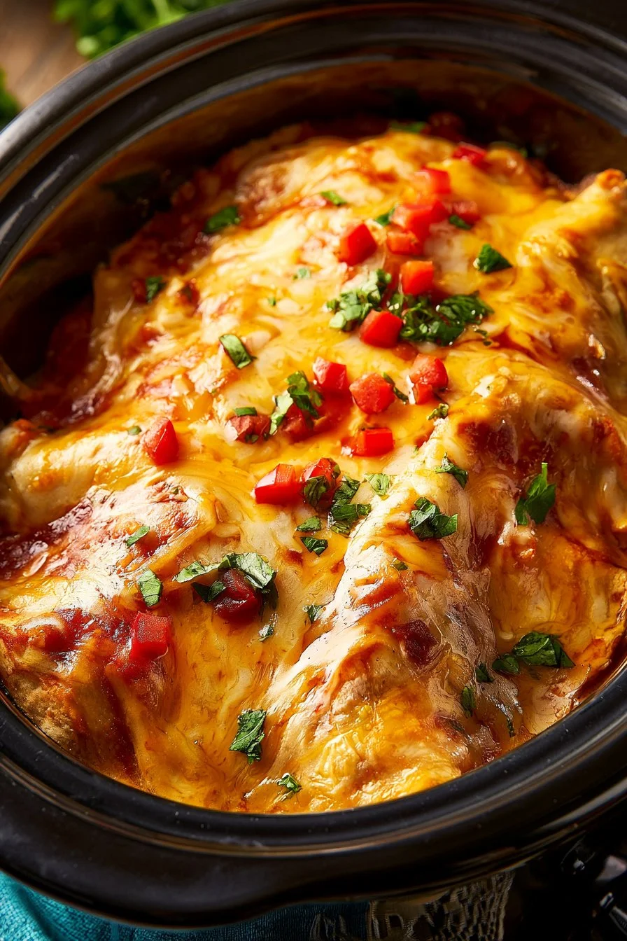 Beef Enchilada Casserole with cheese and toppings in a baking dish