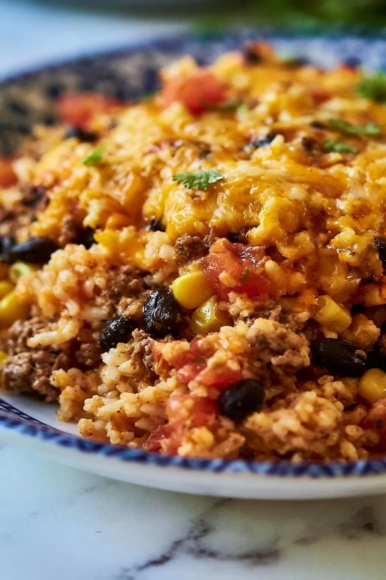 Savory beef enchilada casserole topped with cheese and garnished with cilantro.