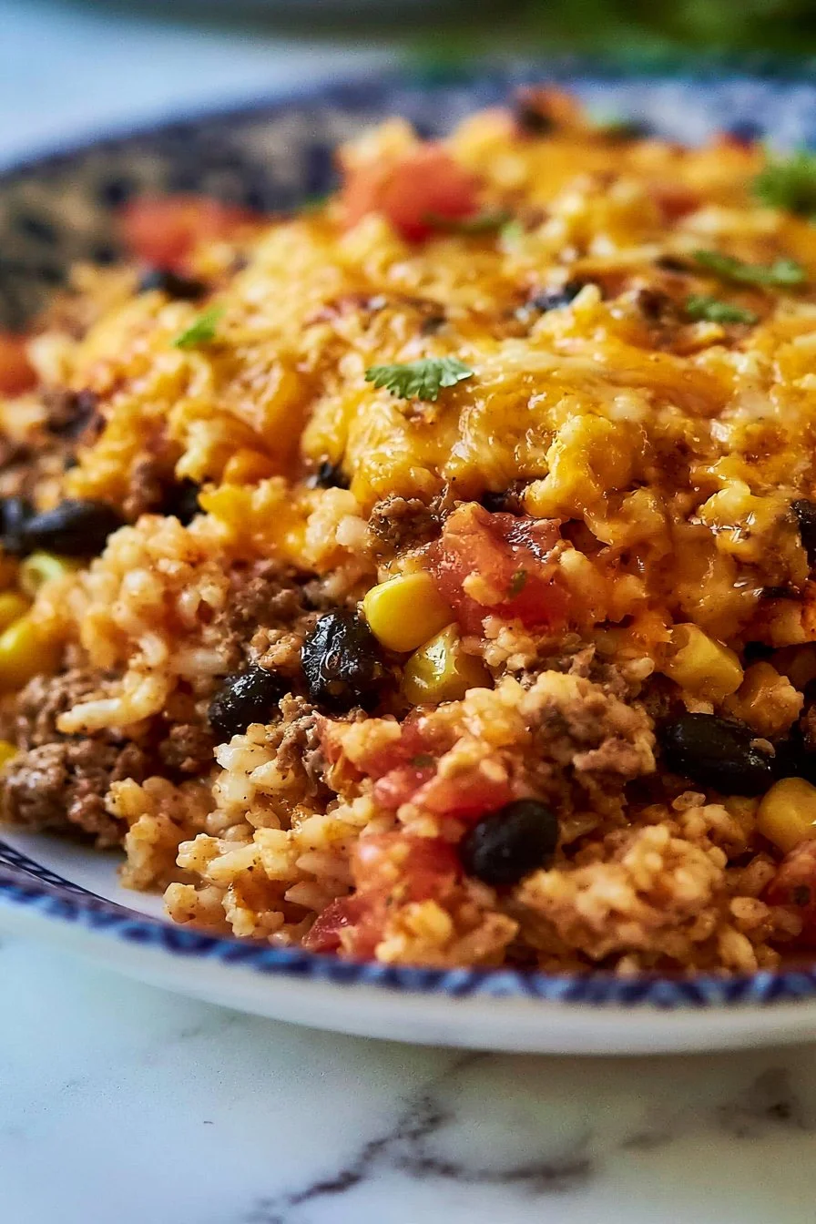 Savory beef enchilada casserole topped with cheese and garnished with cilantro.