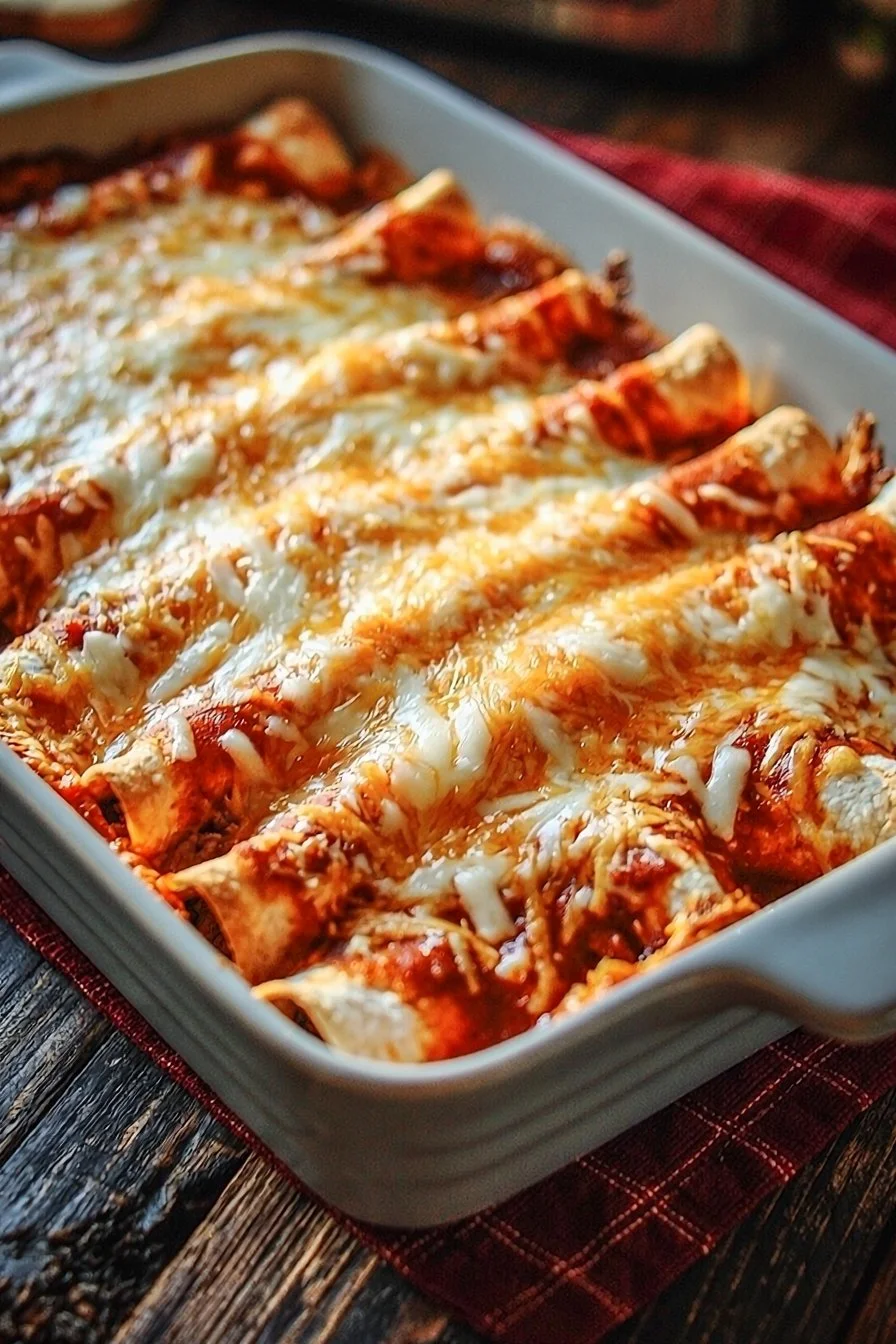 Homemade beef enchiladas topped with cheese and served with salsa.
