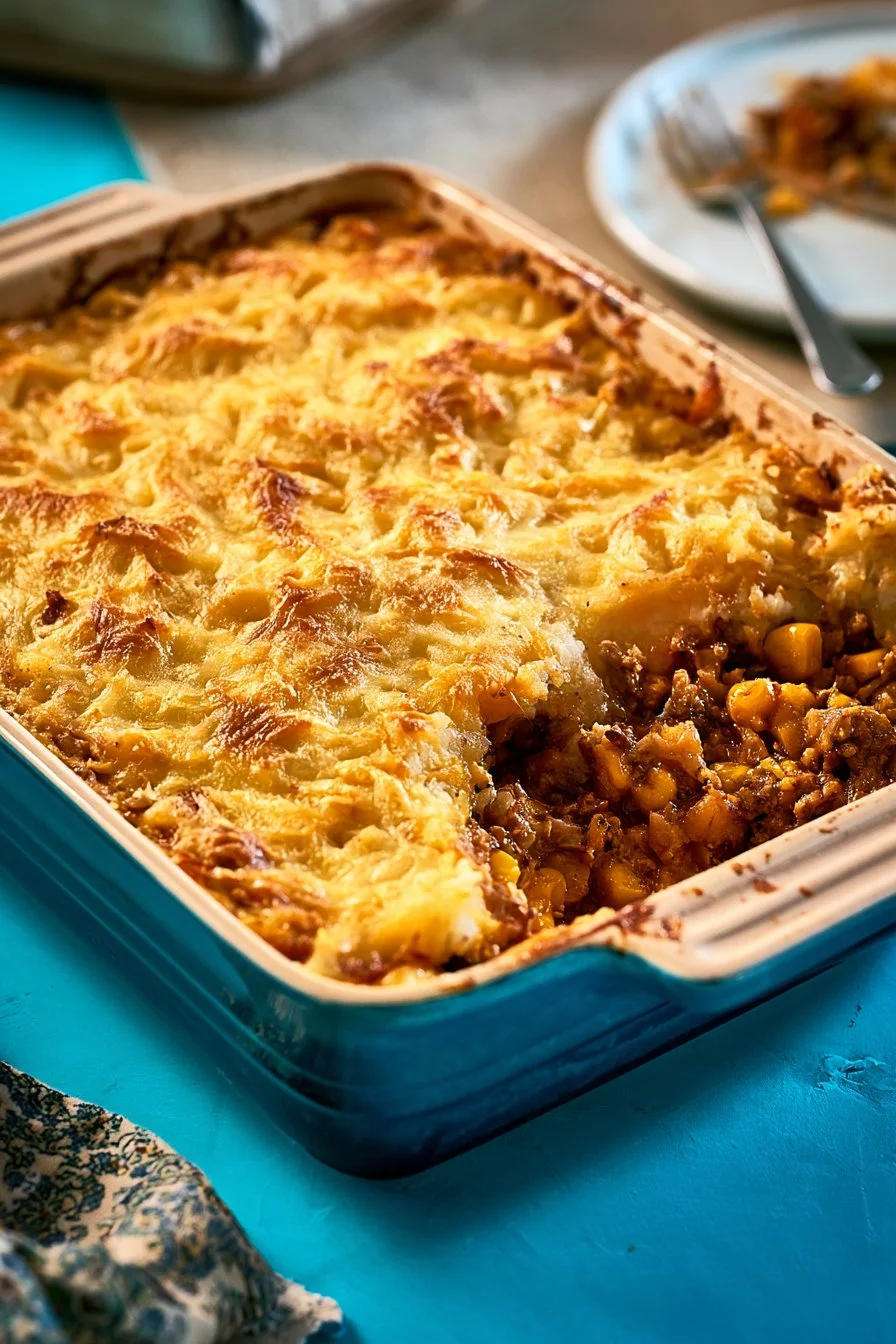 Delicious beef nacho casserole topped with cheese and fresh toppings