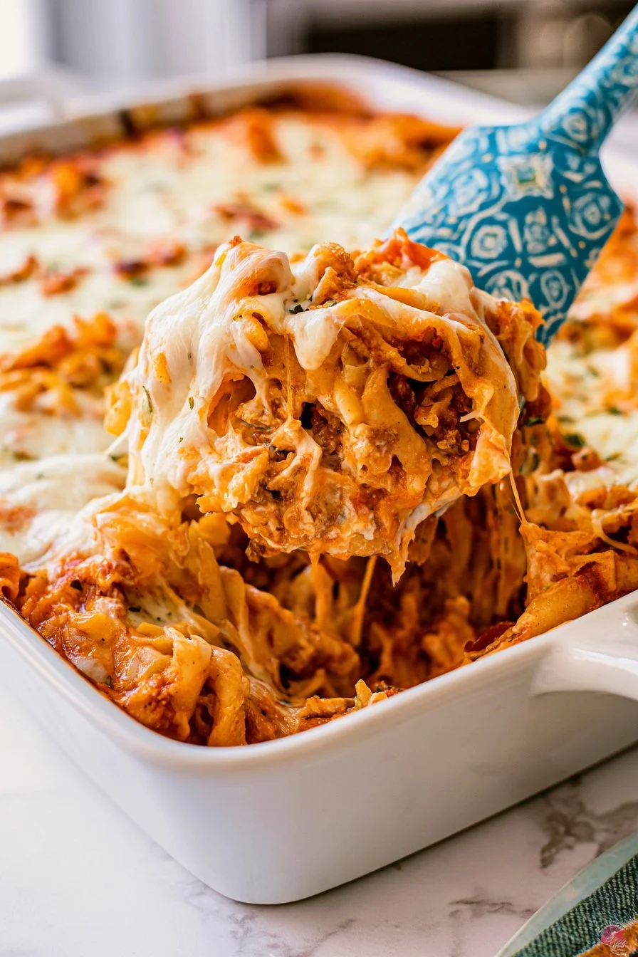 Delicious beef noodle casserole topped with melted cheese and herbs