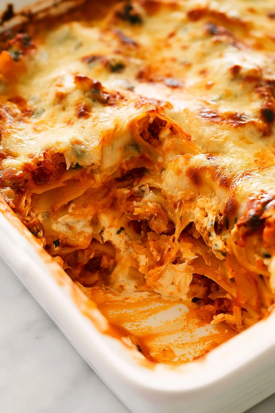 Delicious beef noodle casserole served in a dish, garnished with herbs.