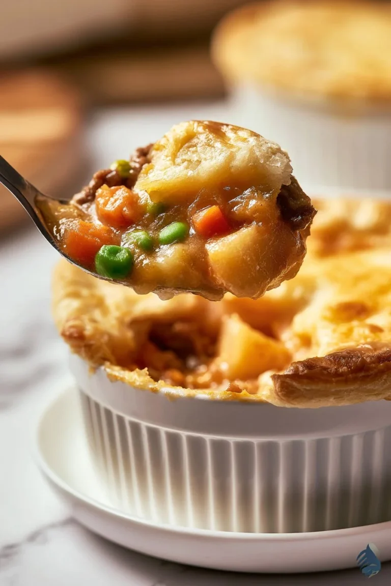 Individual servings of beef pot pie with flaky crust and savory filling.