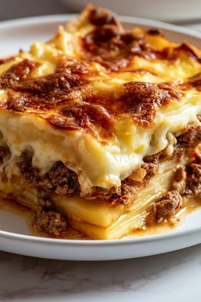 Delicious Beef Scalloped Potato Casserole served in a baking dish