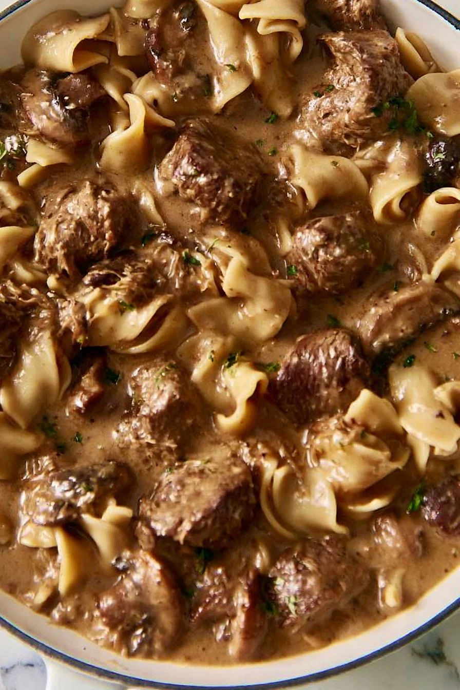 Delicious Beef Stroganoff served with noodles in a creamy sauce