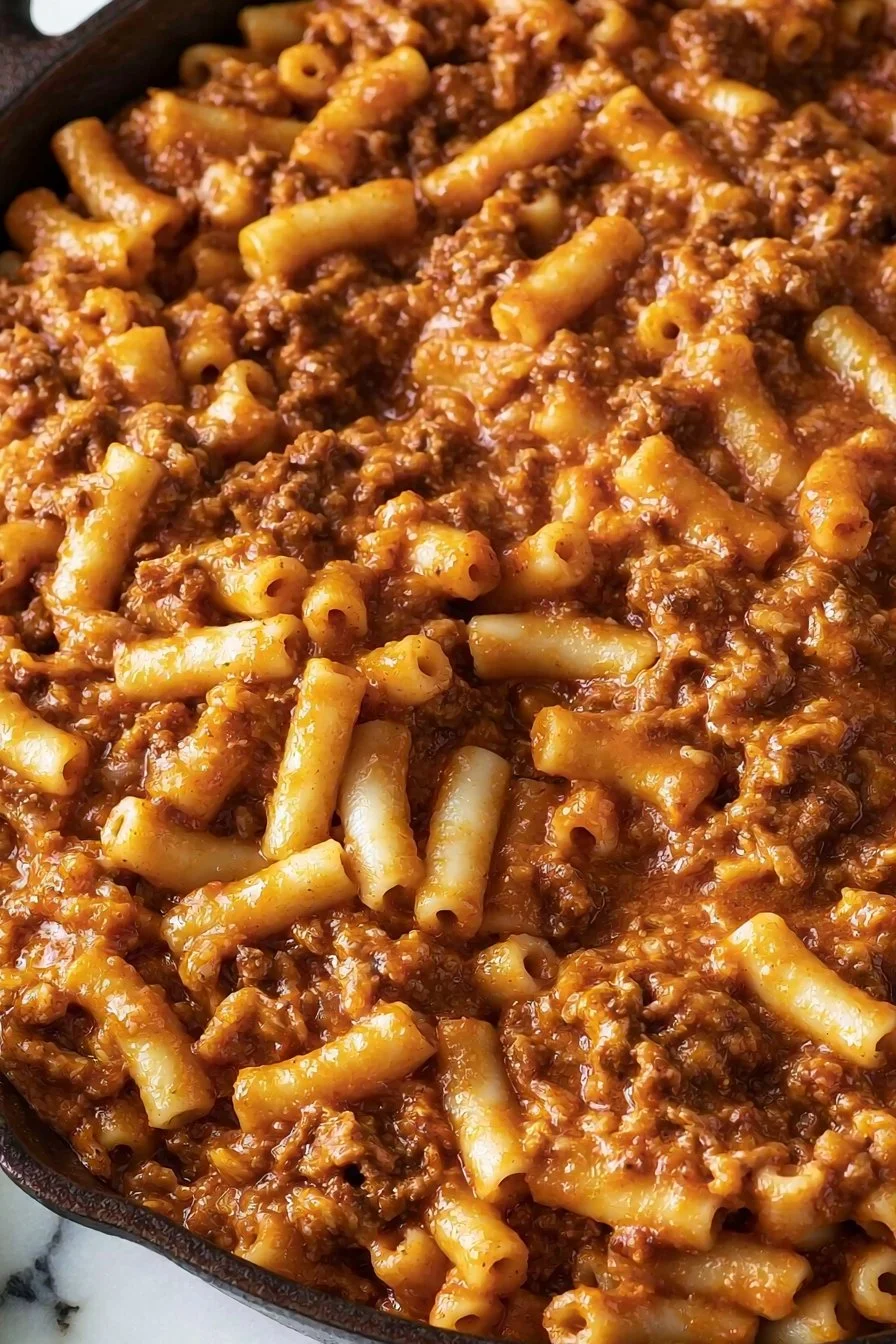 Homemade Beefaroni featuring pasta and beef in a rich tomato sauce