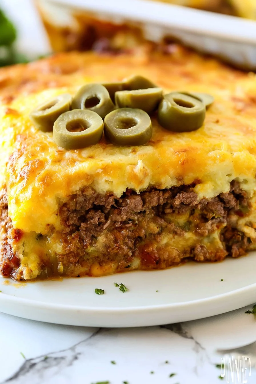 Delicious Beefy Cornbread Casserole served in a baking dish with cornbread topping