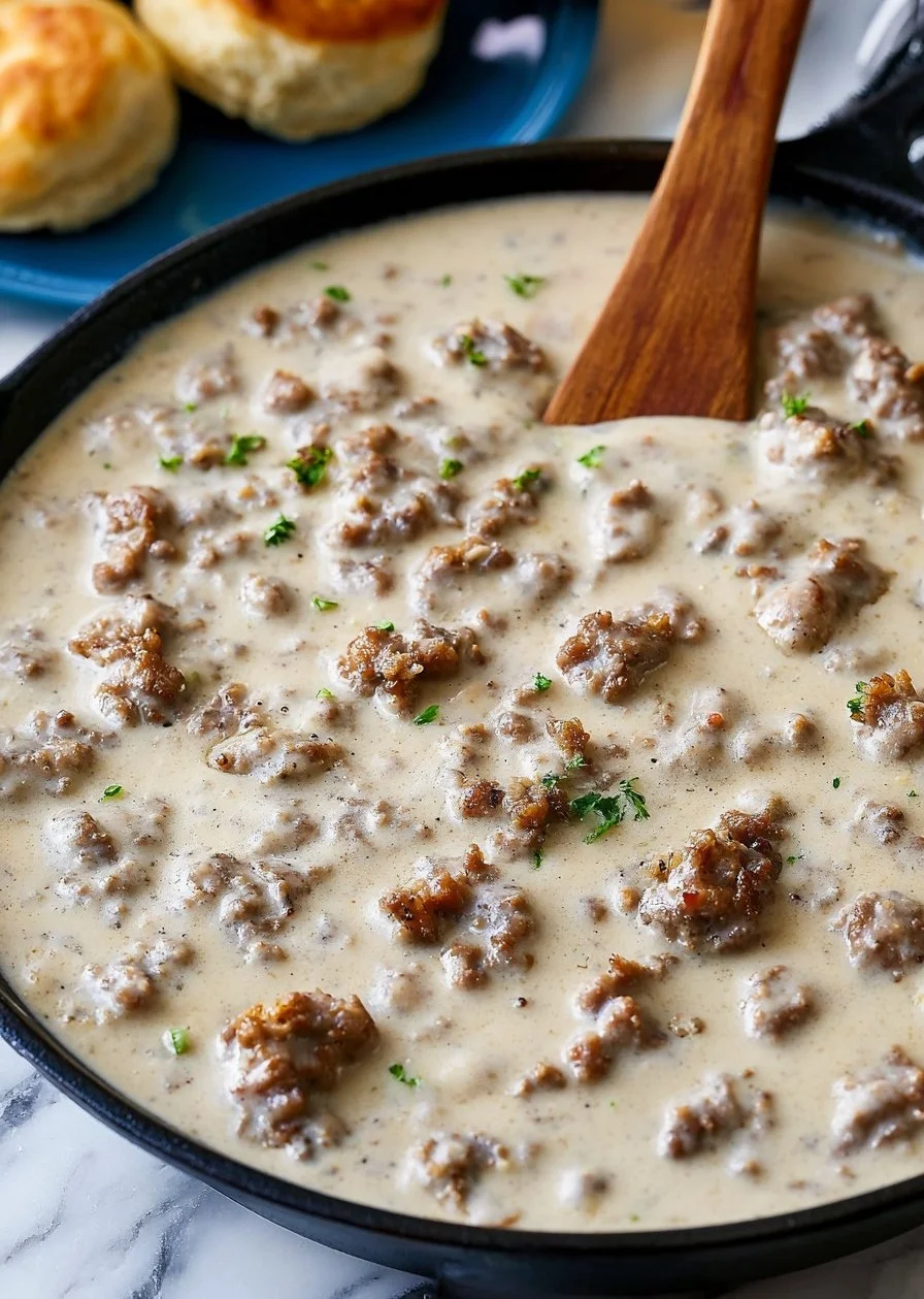 Delicious homemade biscuits with creamy sausage gravy served on a plate