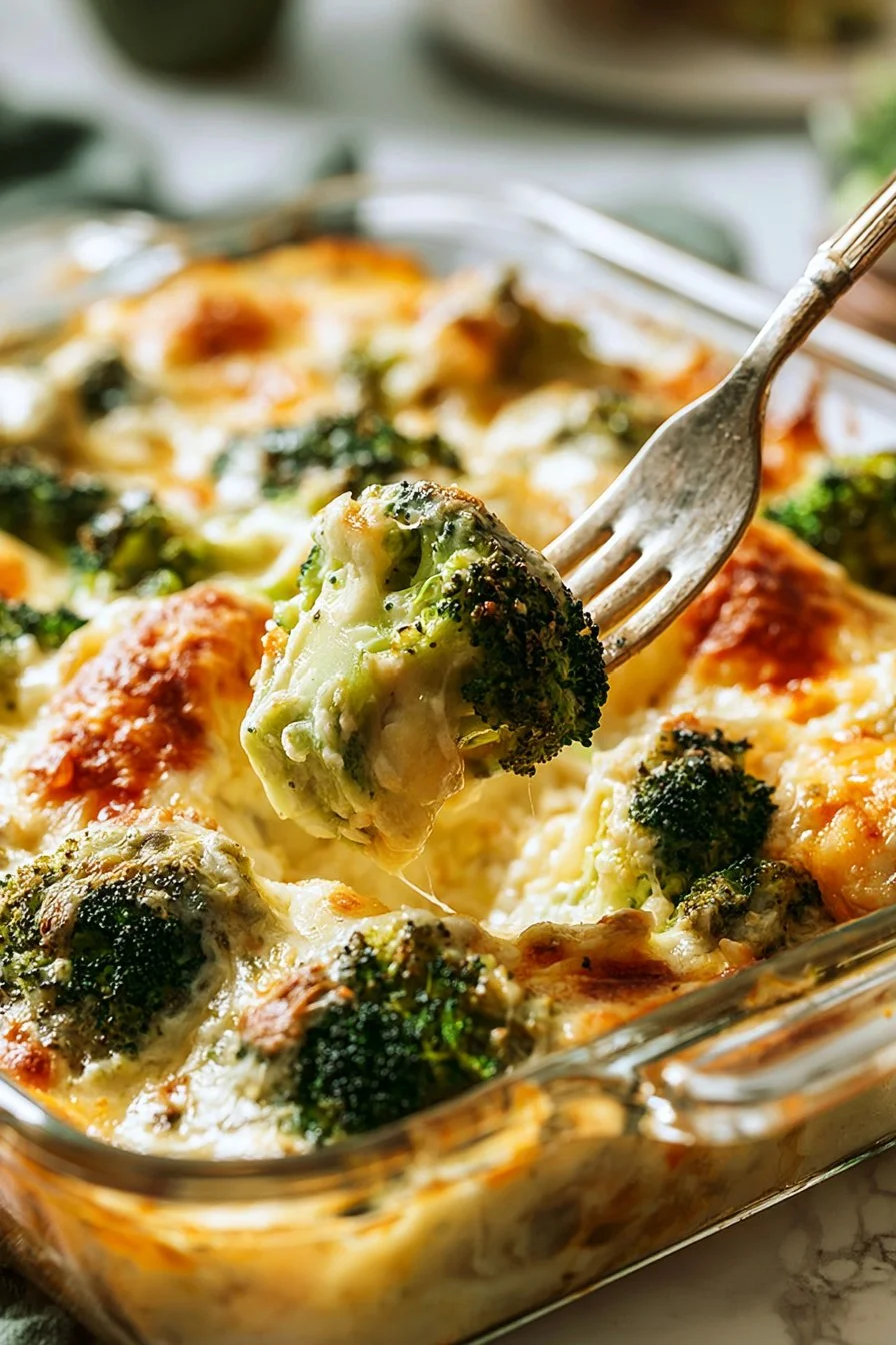 Delicious broccoli casserole with creamy cheese topping