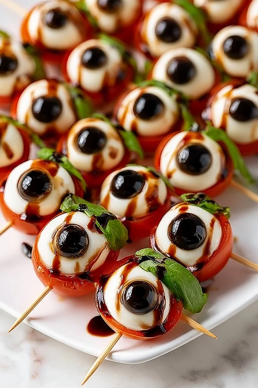 Plate of colorful Caprese Skewers with mozzarella, basil, and cherry tomatoes