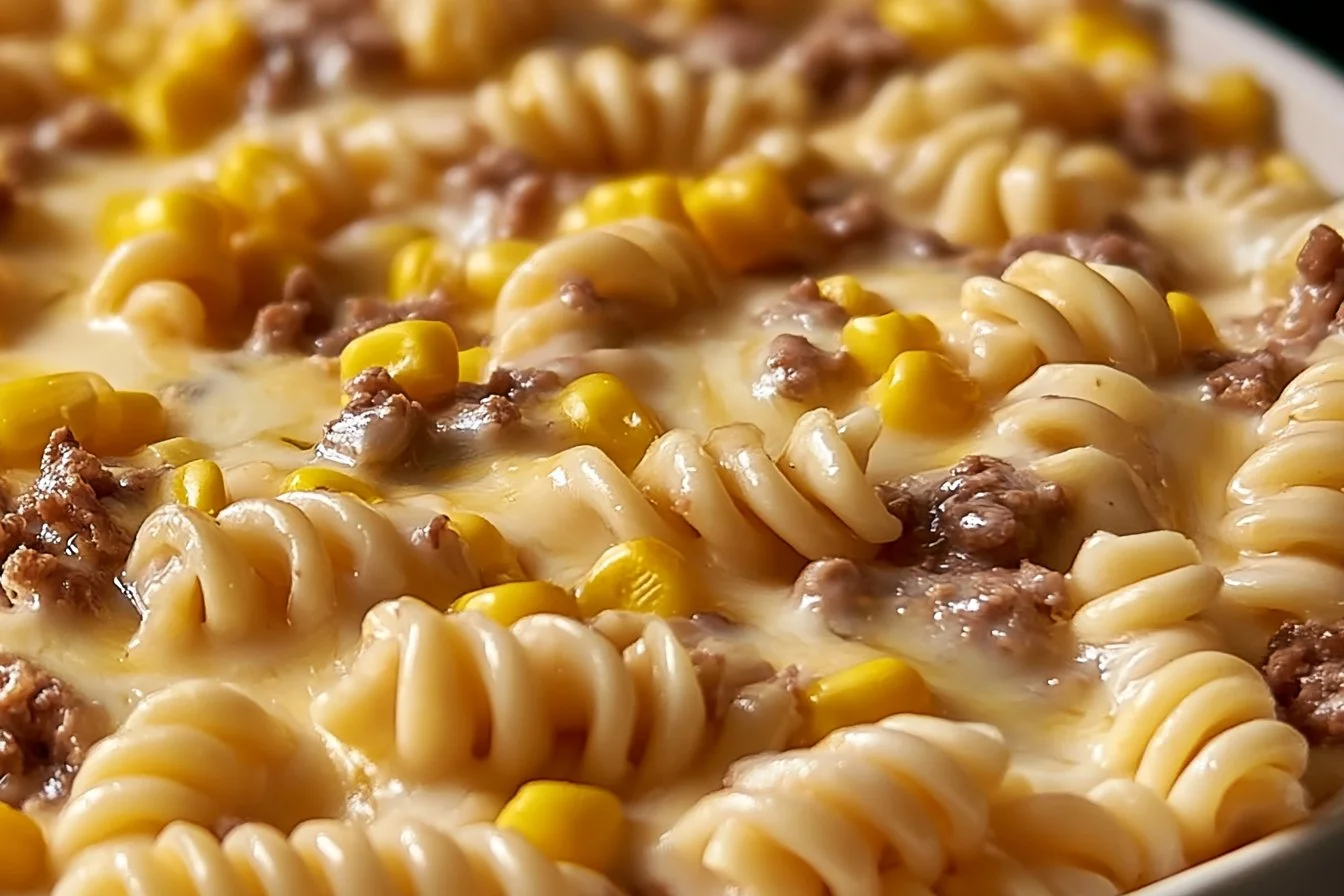 Loaded Cheddar Ranch Beef and Sweet Corn Rotini Bake