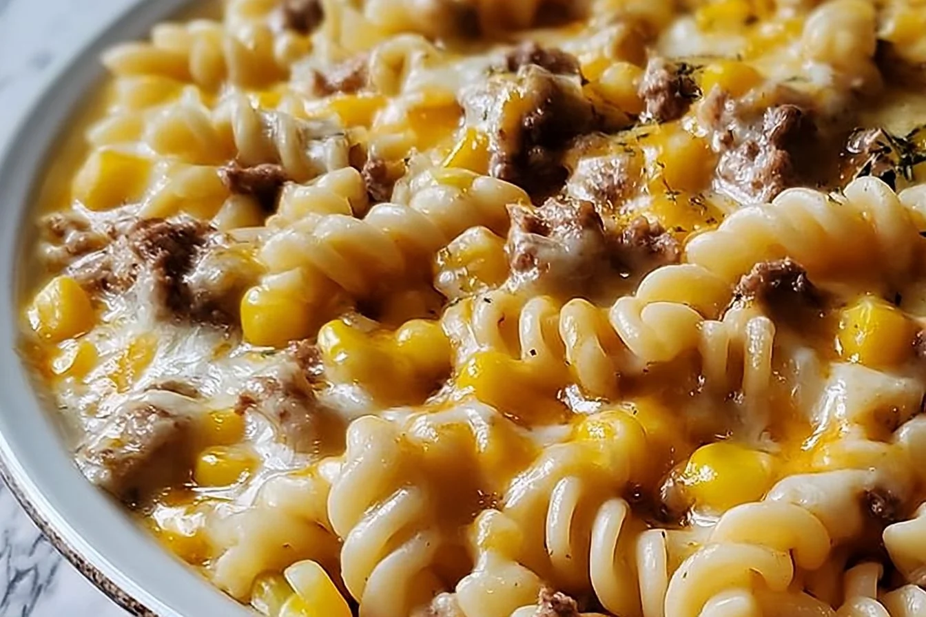 Loaded Cheddar Ranch Beef and Sweet Corn Rotini Bake