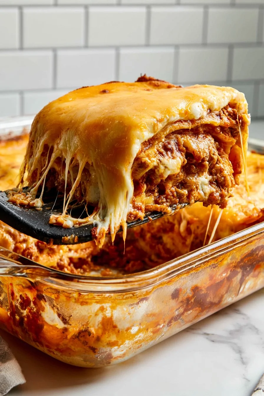 Delicious cheeseburger casserole topped with melted cheese and seasoned ground beef.